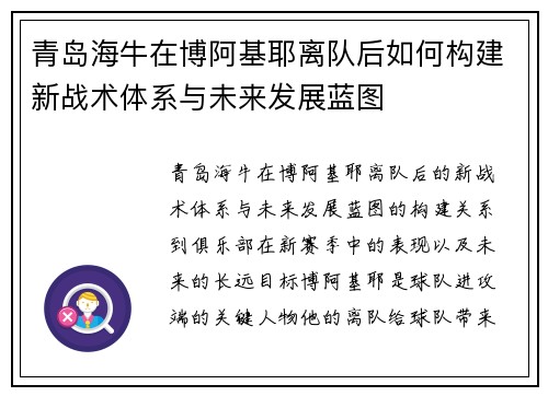 青岛海牛在博阿基耶离队后如何构建新战术体系与未来发展蓝图