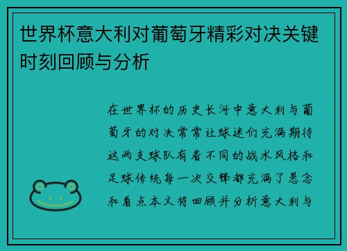 世界杯意大利对葡萄牙精彩对决关键时刻回顾与分析